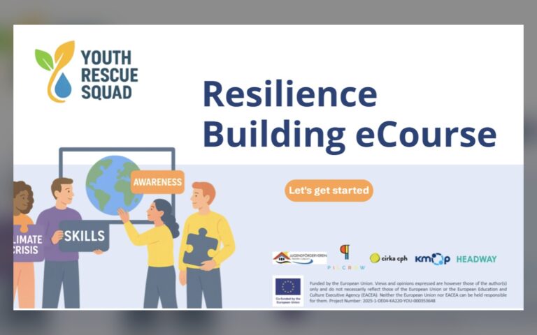 Portada del e-curso de resiliencia de Youth Rescue Squad, con jóvenes ilustrados que sostienen las palabras crisis climática, habilidades y conciencia, y los logotipos de los socios del proyecto y el emblema de la UE